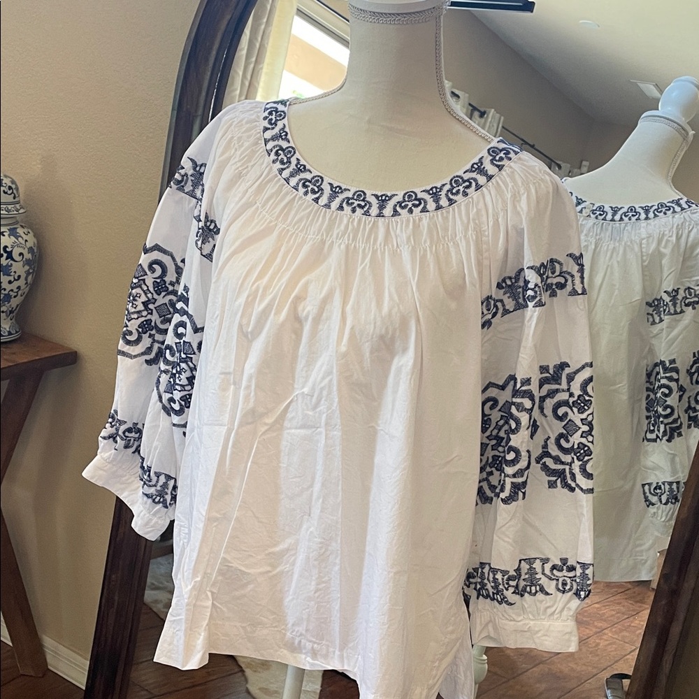 Tommy Hilfiger White Blouse with Navy Embroidery NWOT